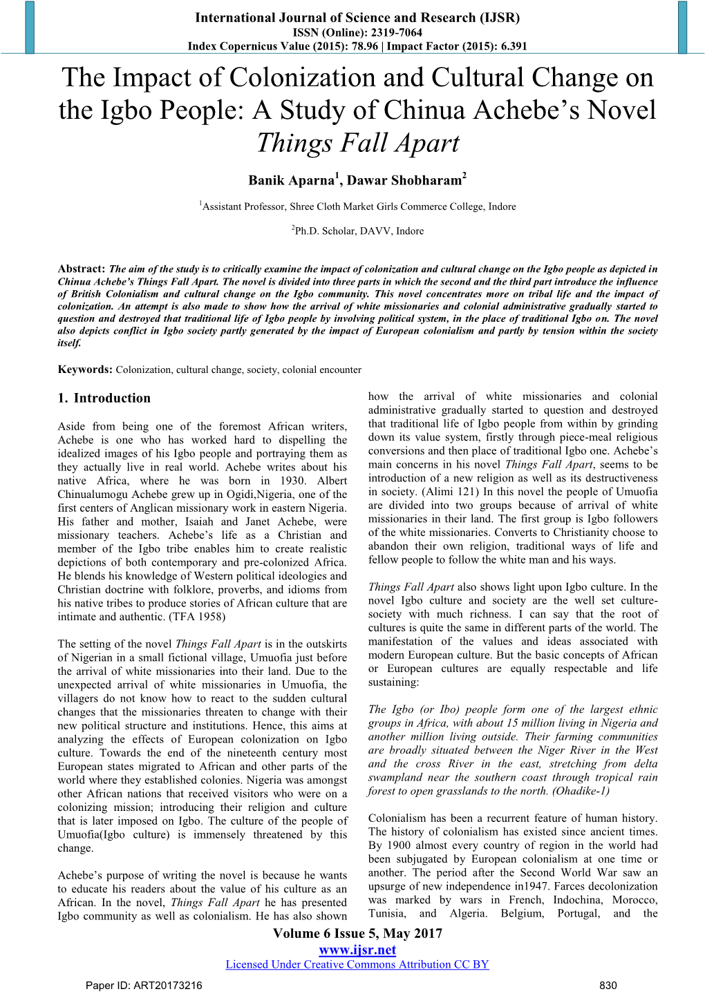 The Impact of Colonization and Cultural Change on the Igbo People: a Study of Chinua Achebe’S Novel Things Fall Apart