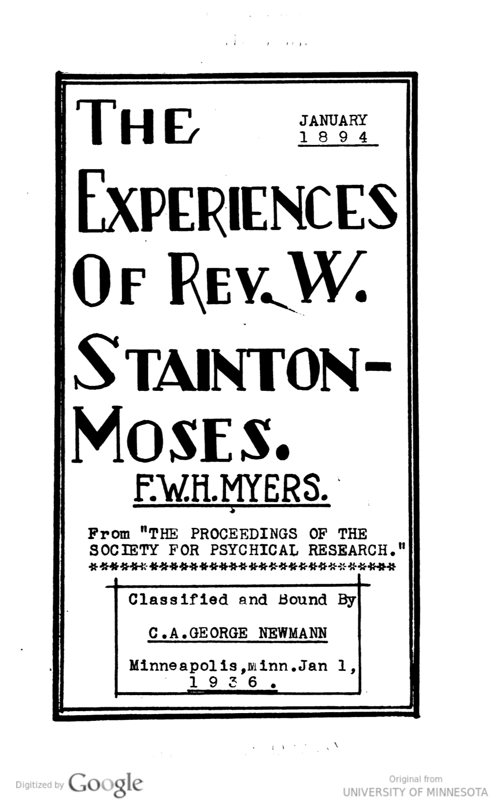 The Experiences of Rev. W. Stainton-Moses