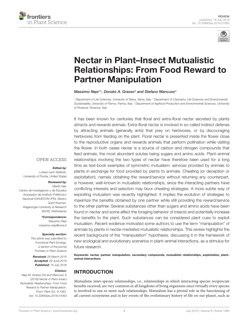 Nectar in Plant–Insect Mutualistic Relationships: from Food Reward to Partner Manipulation