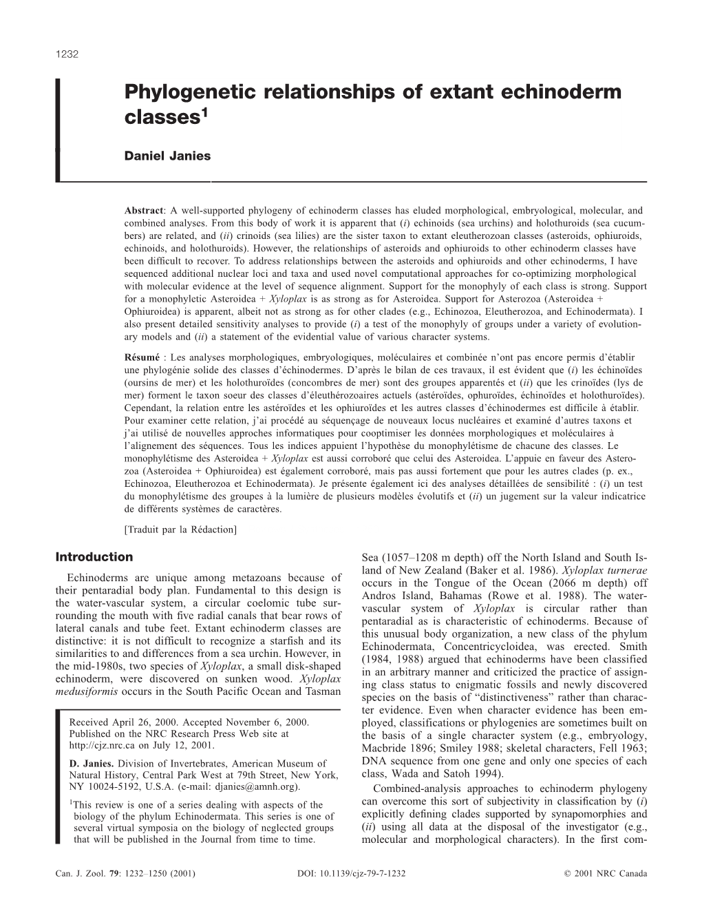 Phylogenetic Relationships of Extant Echinoderm Classes1