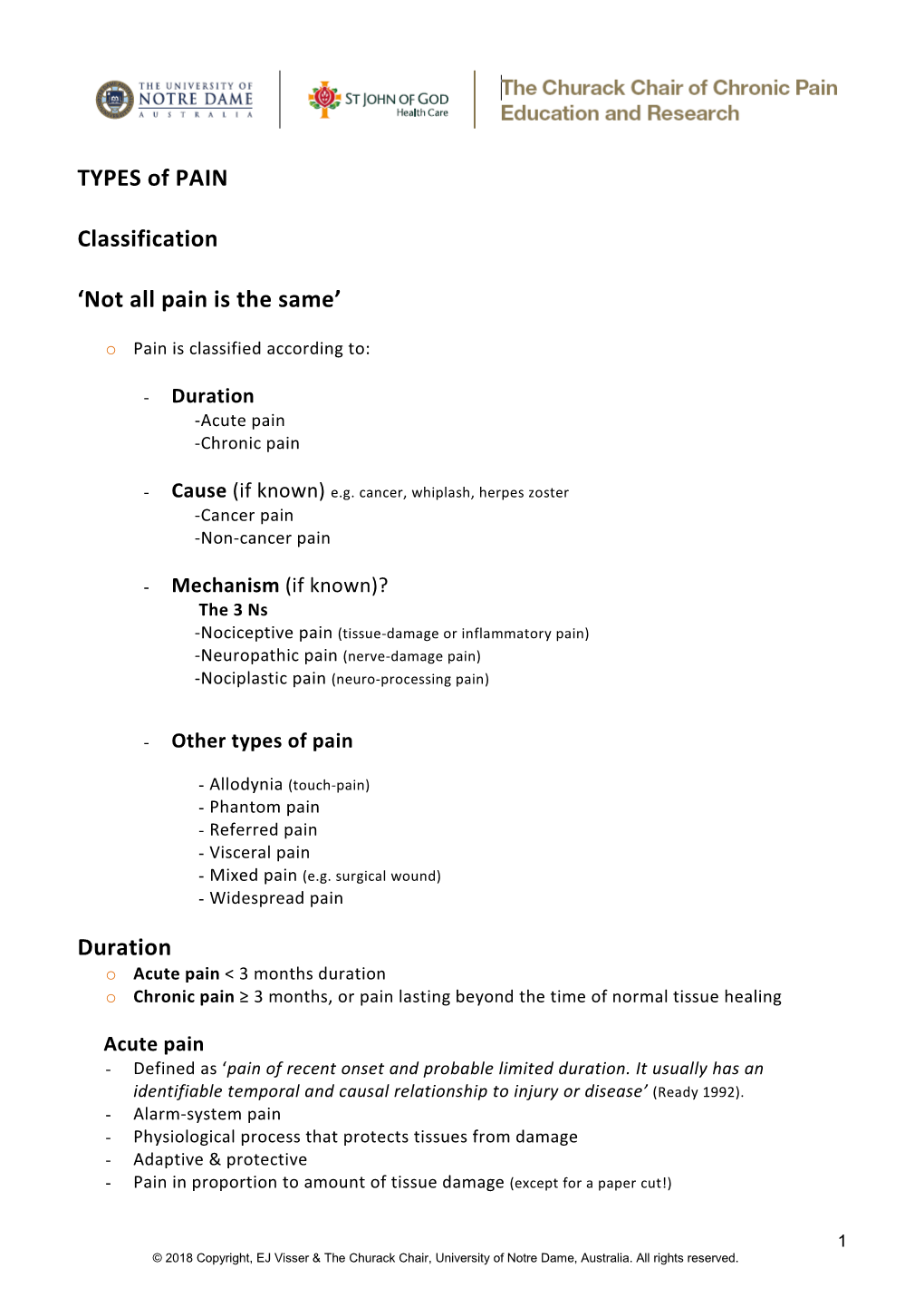 TYPES of PAIN Classification 'Not All Pain Is the Same' Duration