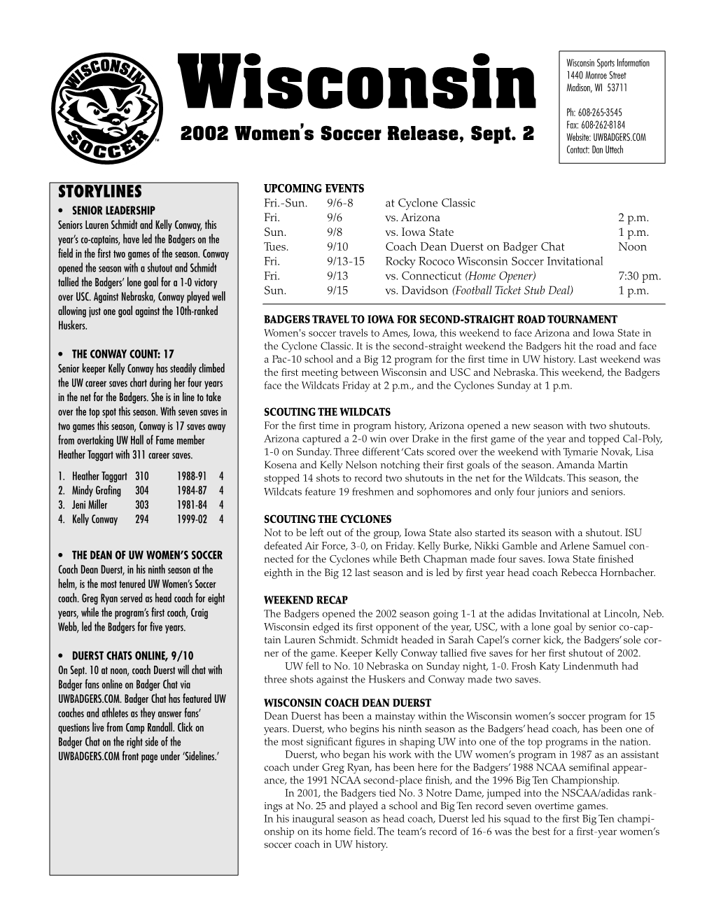 2002 Women's Soccer Release, Sept. 2