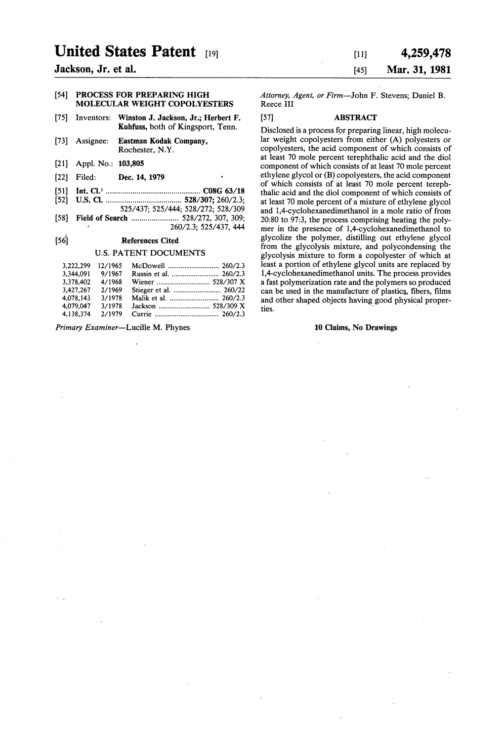 United States Patent (19) 11 4,259,478 Jackson, Jr