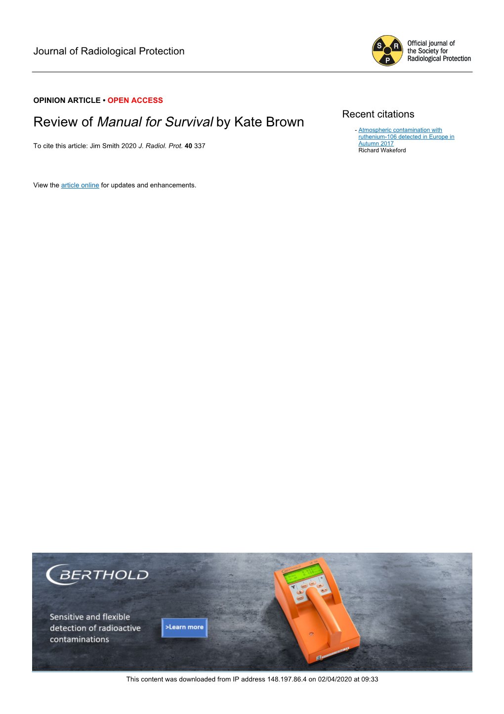 Review of Manual for Survival by Kate Brown - Atmospheric Contamination with Ruthenium-106 Detected in Europe in to Cite This Article: Jim Smith 2020 J