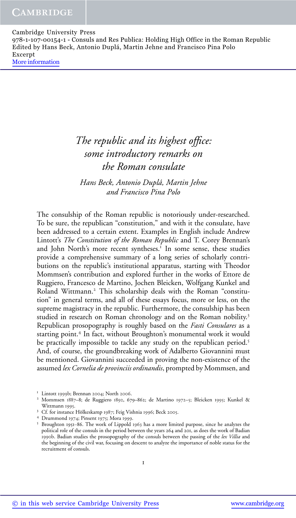 Some Introductory Remarks on the Roman Consulate Hans Beck, Antonio Dupla,´ Martin Jehne and Francisco Pina Polo