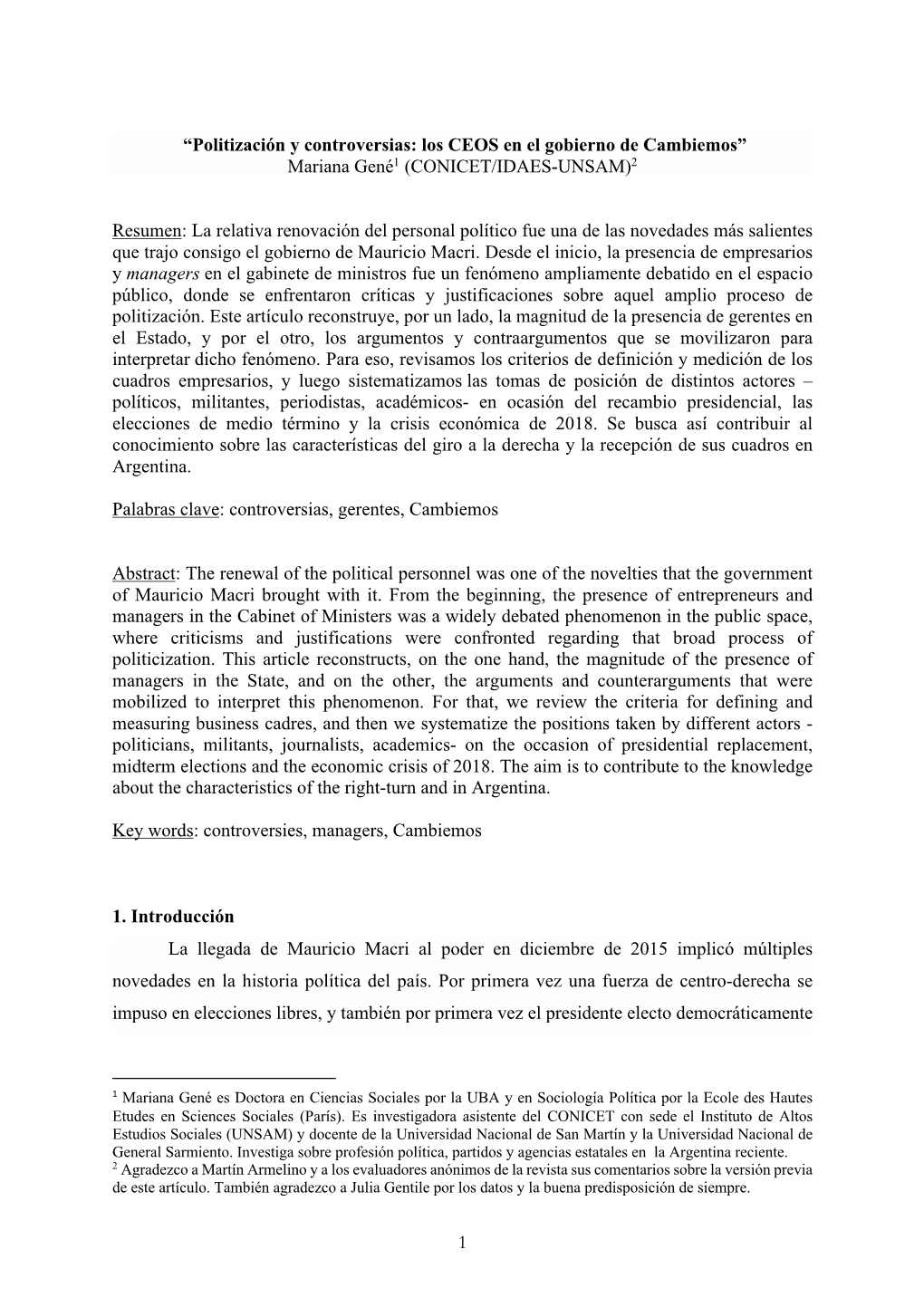 Politización Y Controversias: Los CEOS En El Gobierno De Cambiemos” Mariana Gené1 (CONICET/IDAES-UNSAM)2