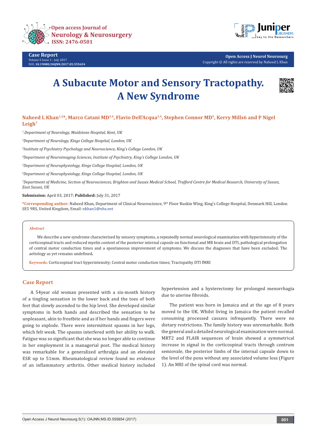 A Subacute Motor and Sensory Tractopathy. a New Syndrome