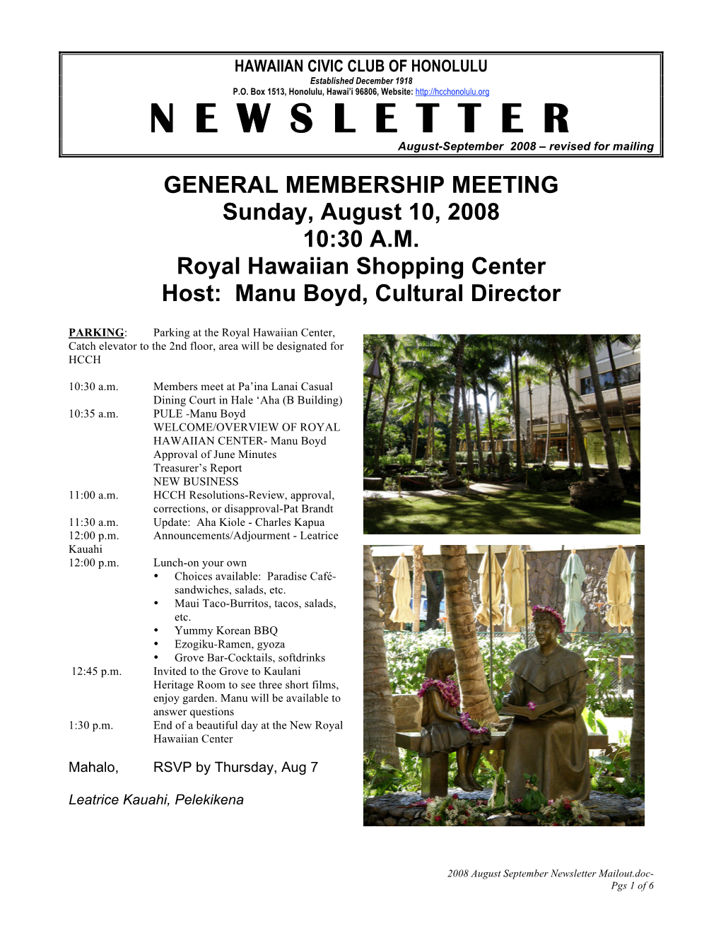 Newsletter Mailout.Doc- Pgs 1 of 6 2008 Calendar of Events - Mark Your Calendars!