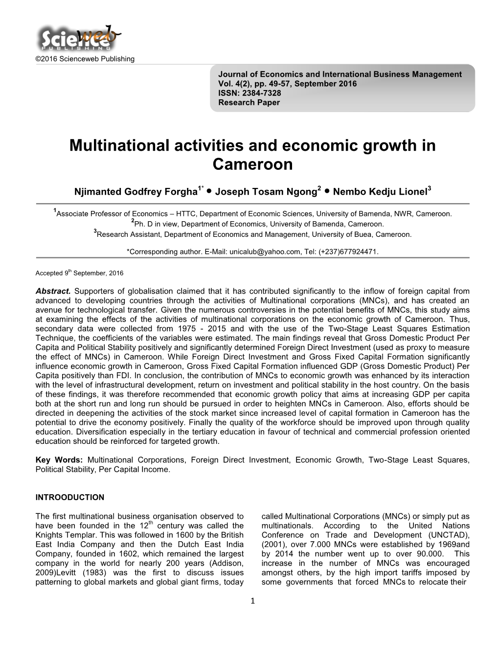 Multinational Activities and Economic Growth in Cameroon