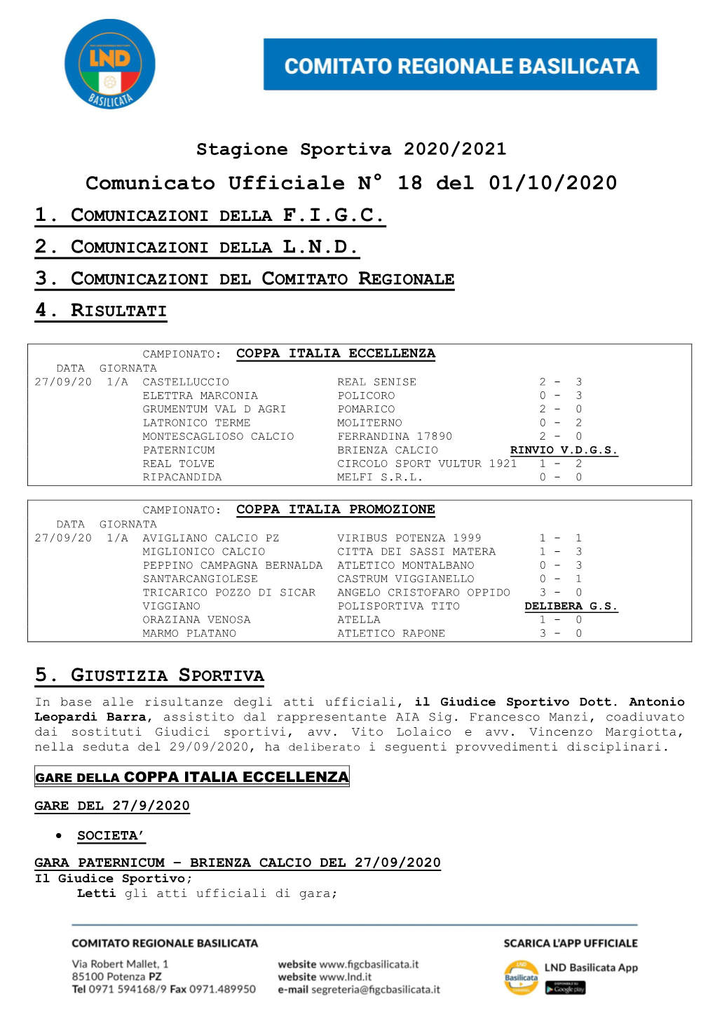 Comunicato Ufficiale N° 18 Del 01/10/2020 1