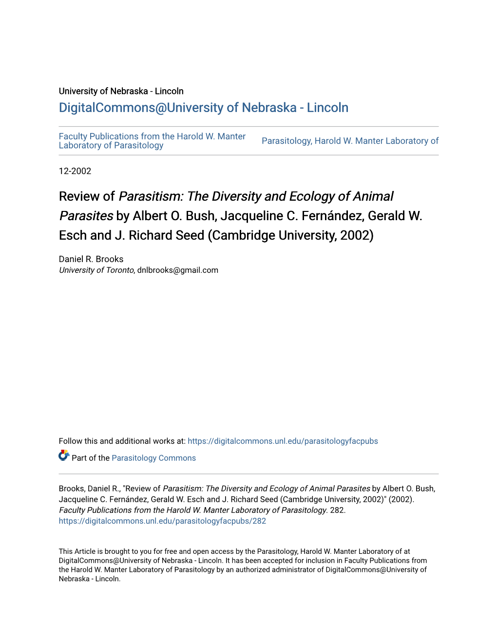 Review of Parasitism: the Diversity and Ecology of Animal Parasites by Albert O