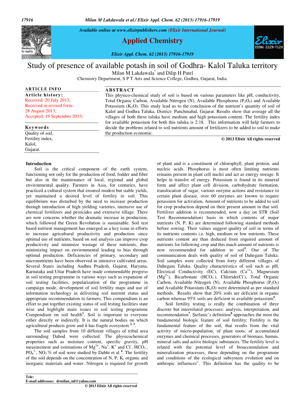 Study of Presence of Available Potash in Soil of Godhra- Kalol Taluka