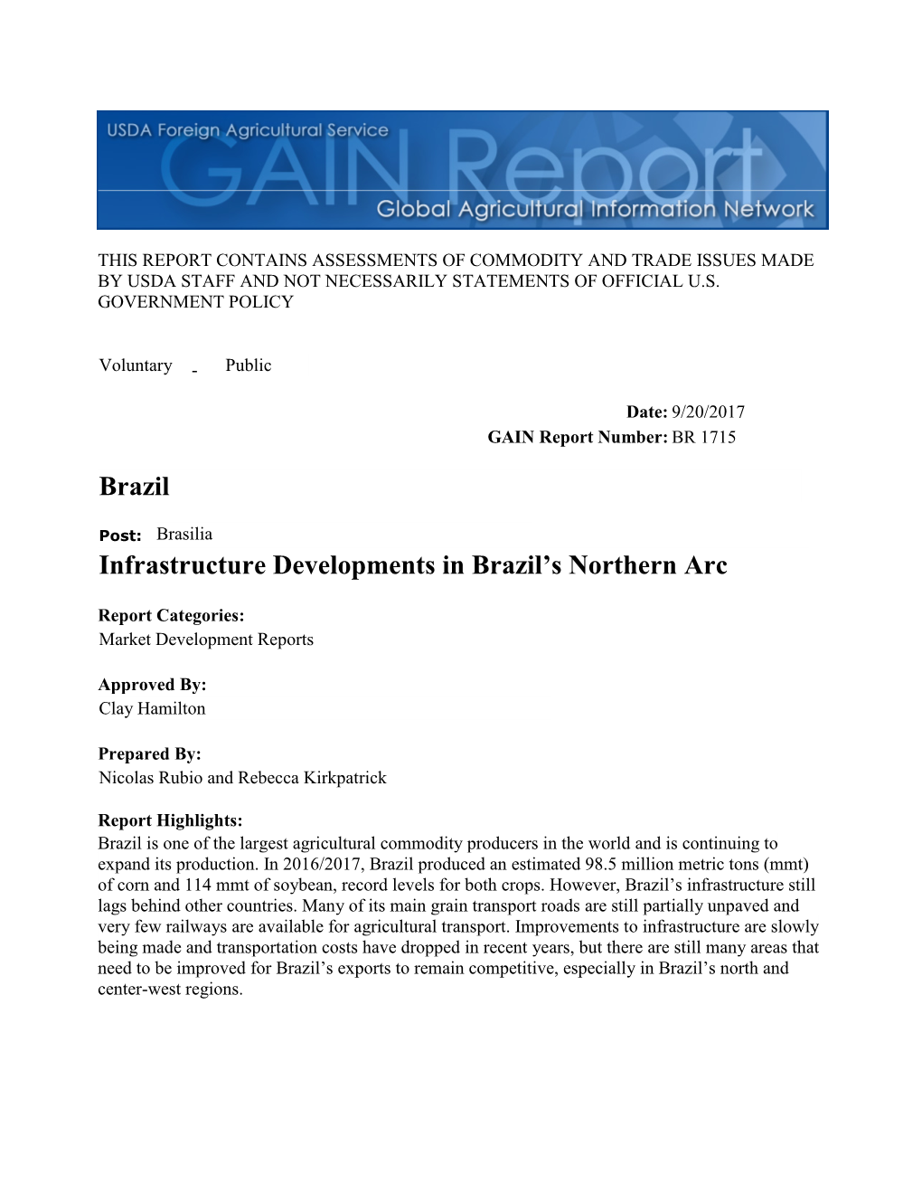 Infrastructure Developments in Brazil's Northern Arc Brazil