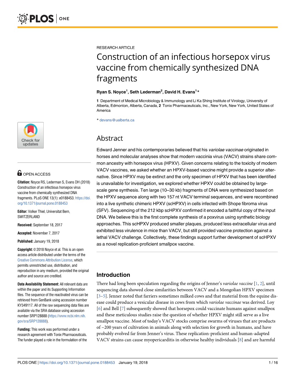 Construction of an Infectious Horsepox Virus Vaccine from Chemically Synthesized DNA Fragments
