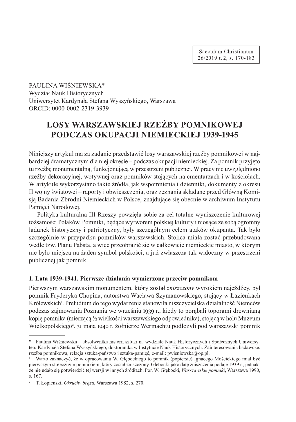 Losy Warszawskiej Rzeźby Pomnikowej Podczas Okupacji Niemieckiej 1939-1945