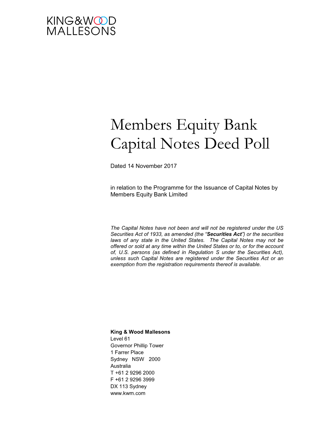 Members Equity Bank Capital Notes Deed Poll