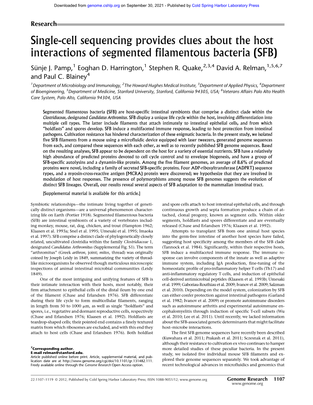 Single-Cell Sequencing Provides Clues About the Host Interactions of Segmented Filamentous Bacteria (SFB)