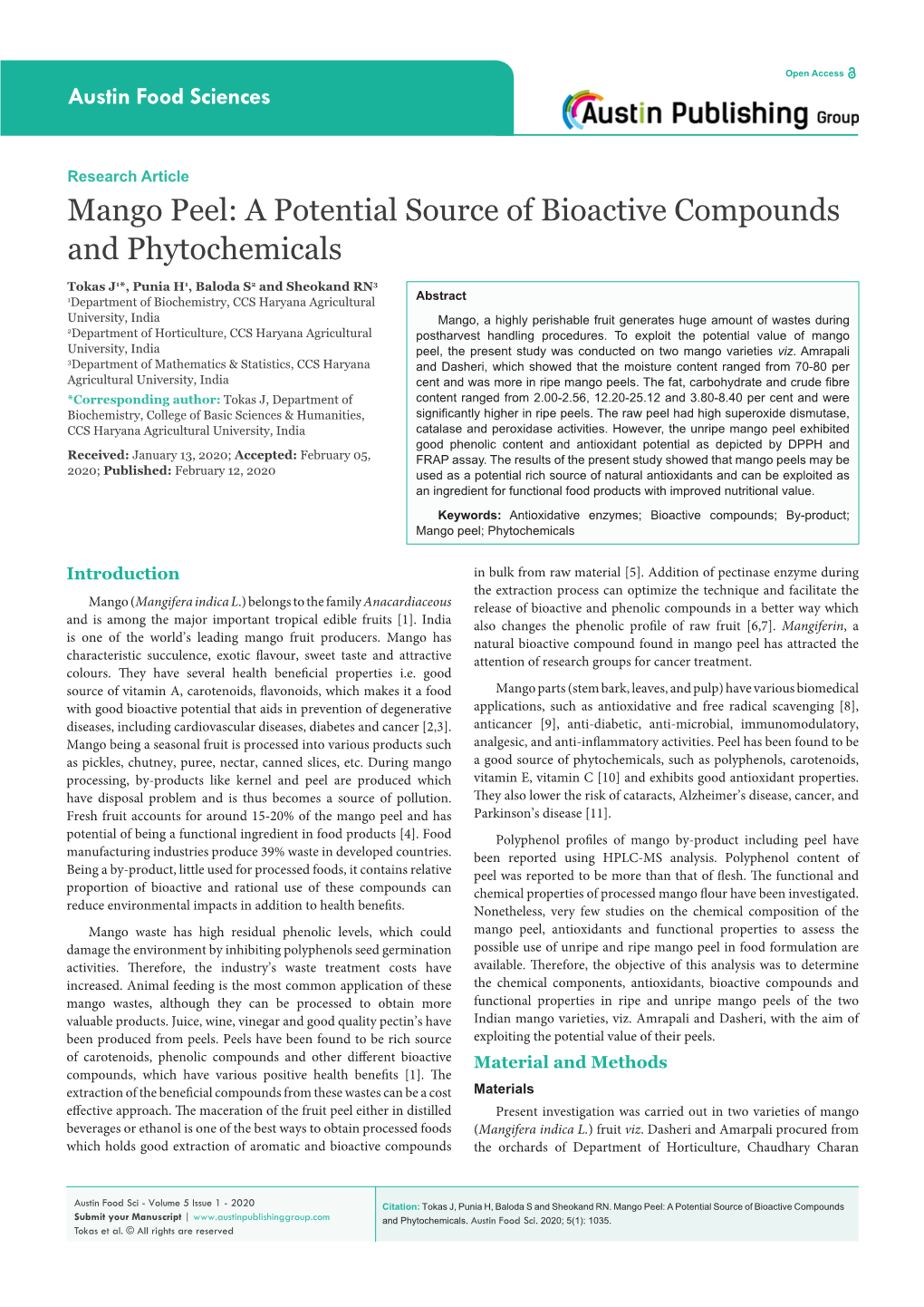 Mango Peel: a Potential Source of Bioactive Compounds and Phytochemicals