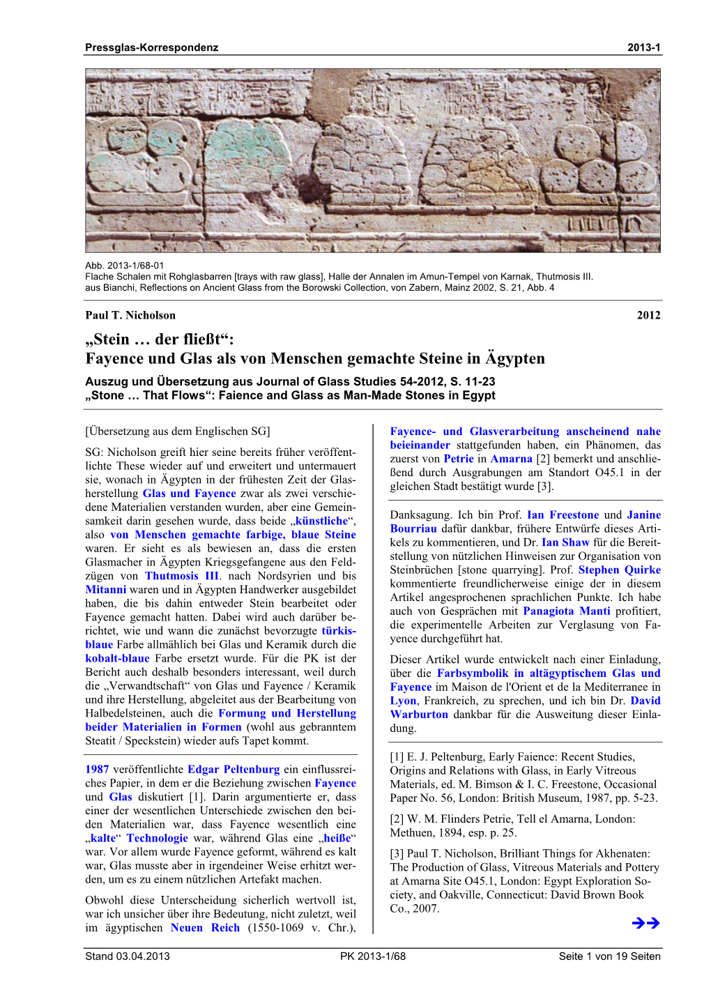 Fayence Und Glas Als Von Menschen Gemachte Steine in Ägypten Auszug Und Übersetzung Aus Journal of Glass Studies 54-2012, S