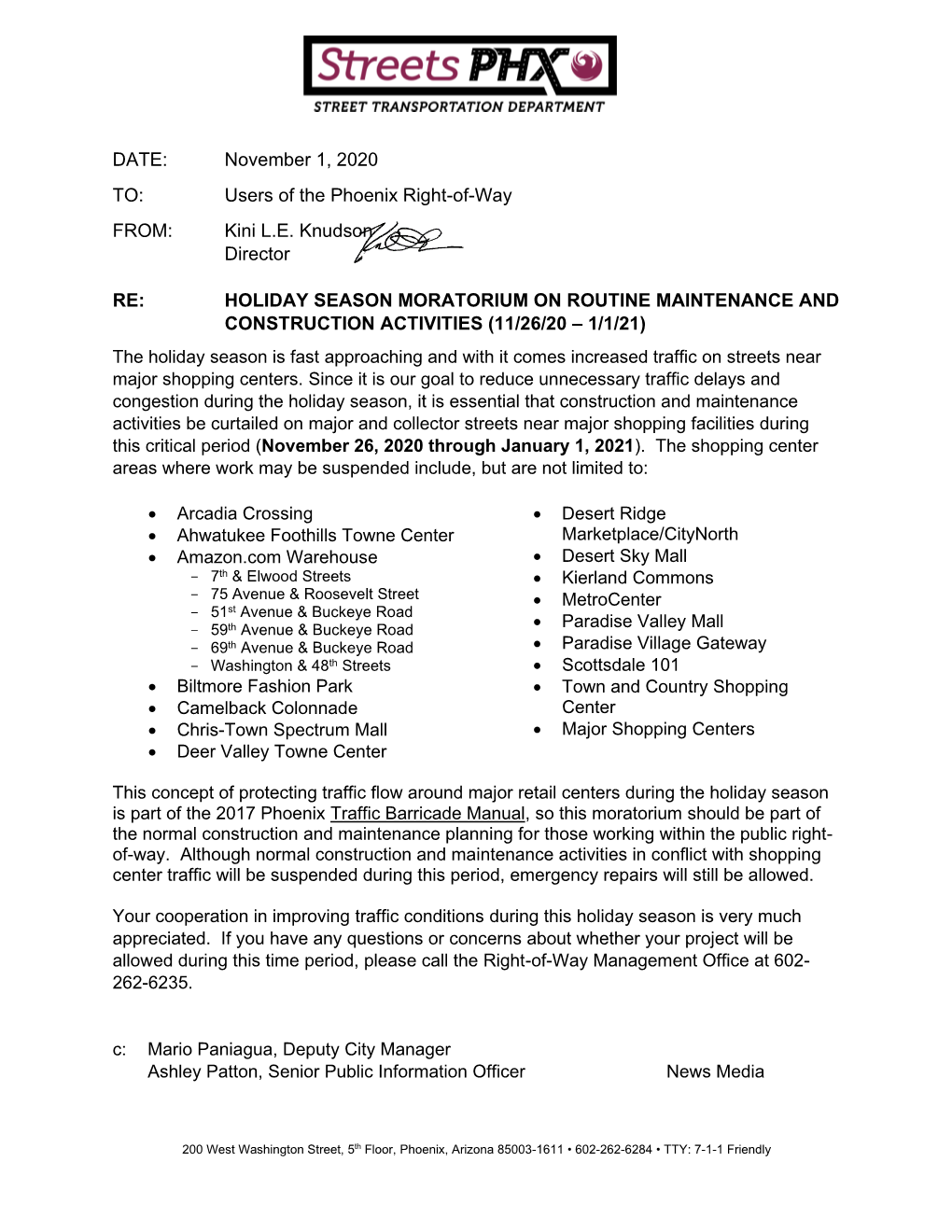 Holiday Season Moratorium on Routine Maintenance and Construction Activities (11/26/20 – 1/1/21)