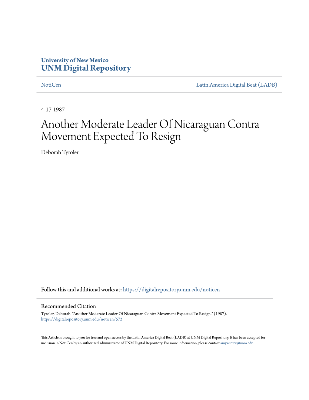 Another Moderate Leader of Nicaraguan Contra Movement Expected to Resign Deborah Tyroler