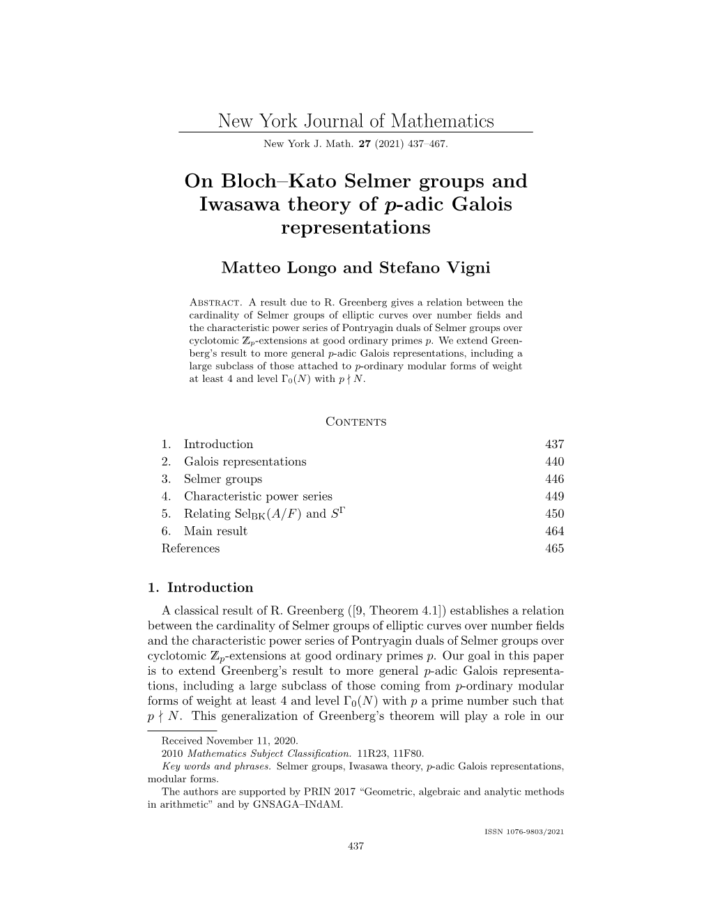 New York Journal of Mathematics on Bloch–Kato Selmer Groups and Iwasawa Theory of P-Adic Galois Representations