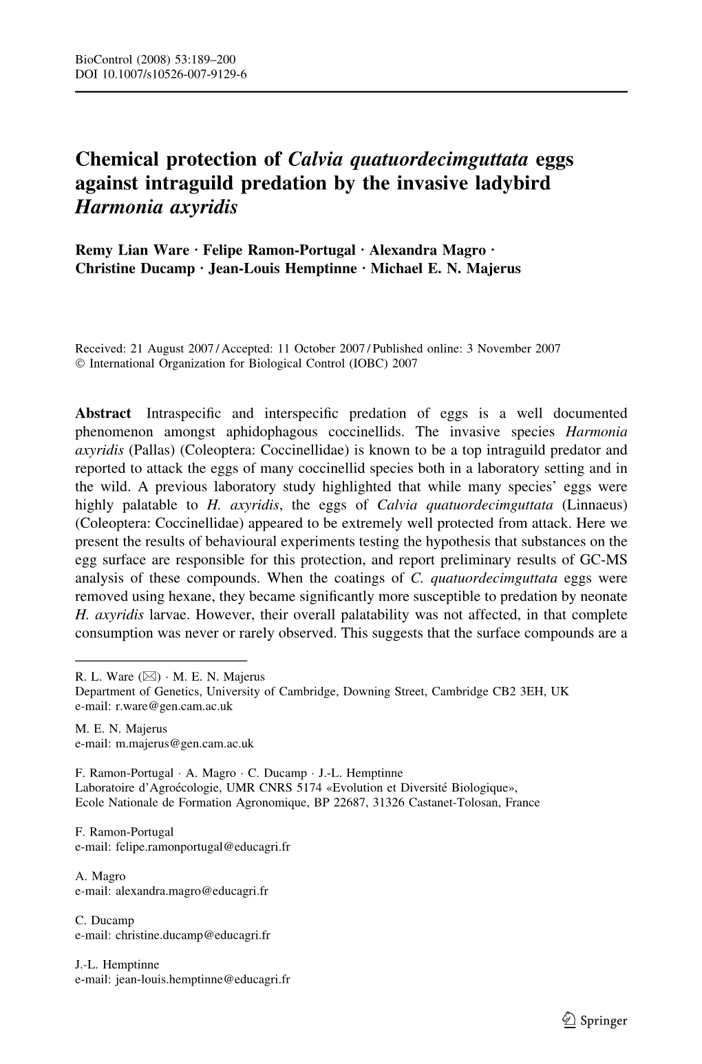 Chemical Protection of Calvia Quatuordecimguttata Eggs Against Intraguild Predation by the Invasive Ladybird Harmonia Axyridis