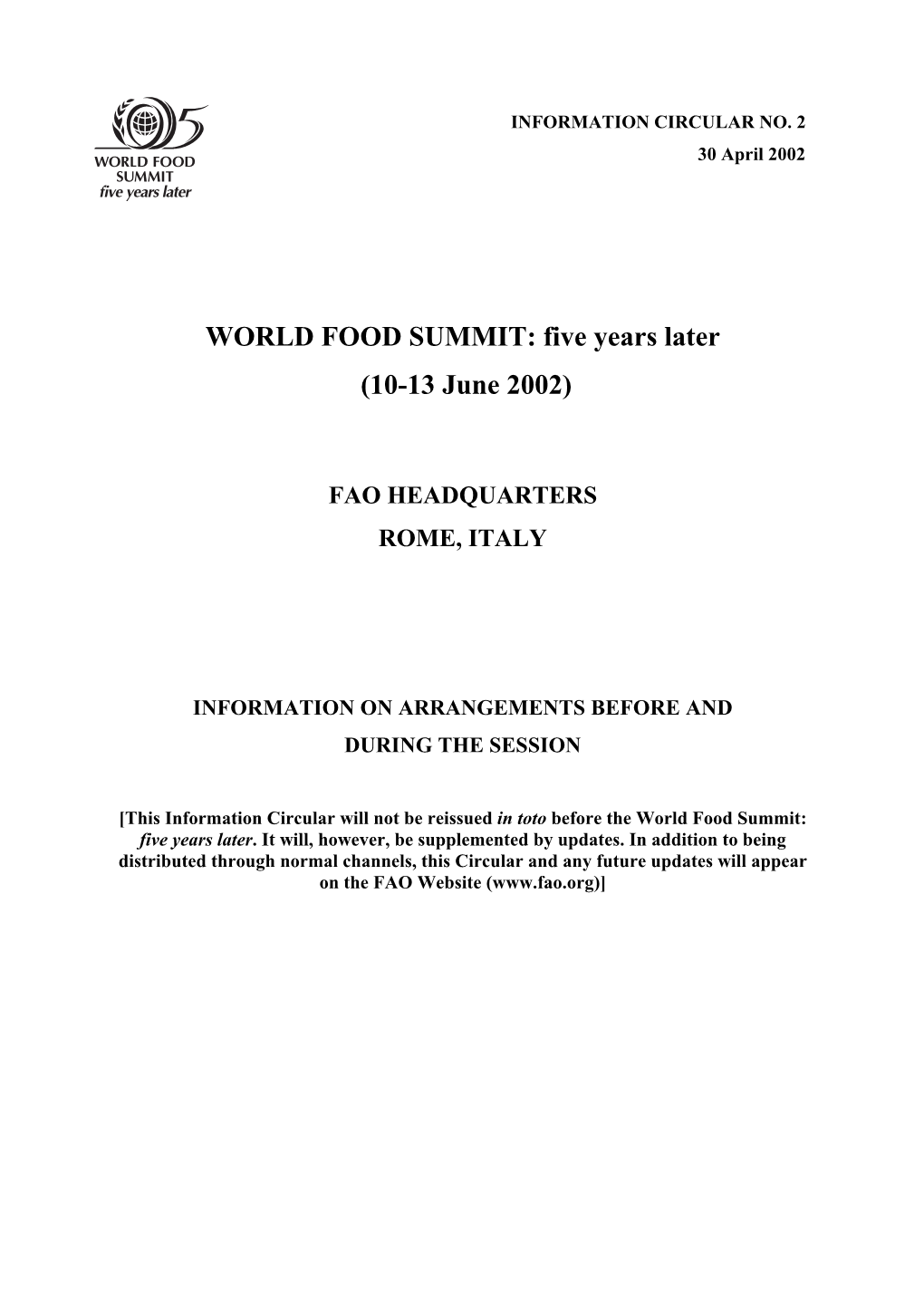 WORLD FOOD SUMMIT: Five Years Later (10-13 June 2002)