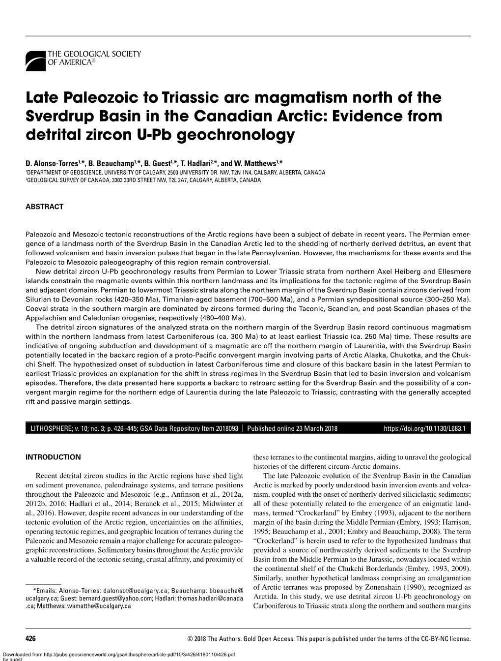 Late Paleozoic to Triassic Arc Magmatism North of the Sverdrup Basin in the Canadian Arctic: Evidence from Detrital Zircon U-Pb Geochronology