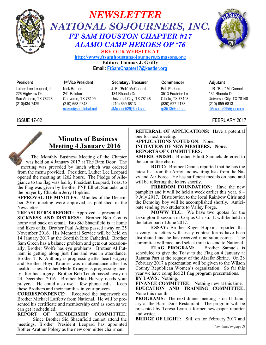 Newsletter National Sojourners, Inc. Ft Sam Houston Chapter #17 Alamo