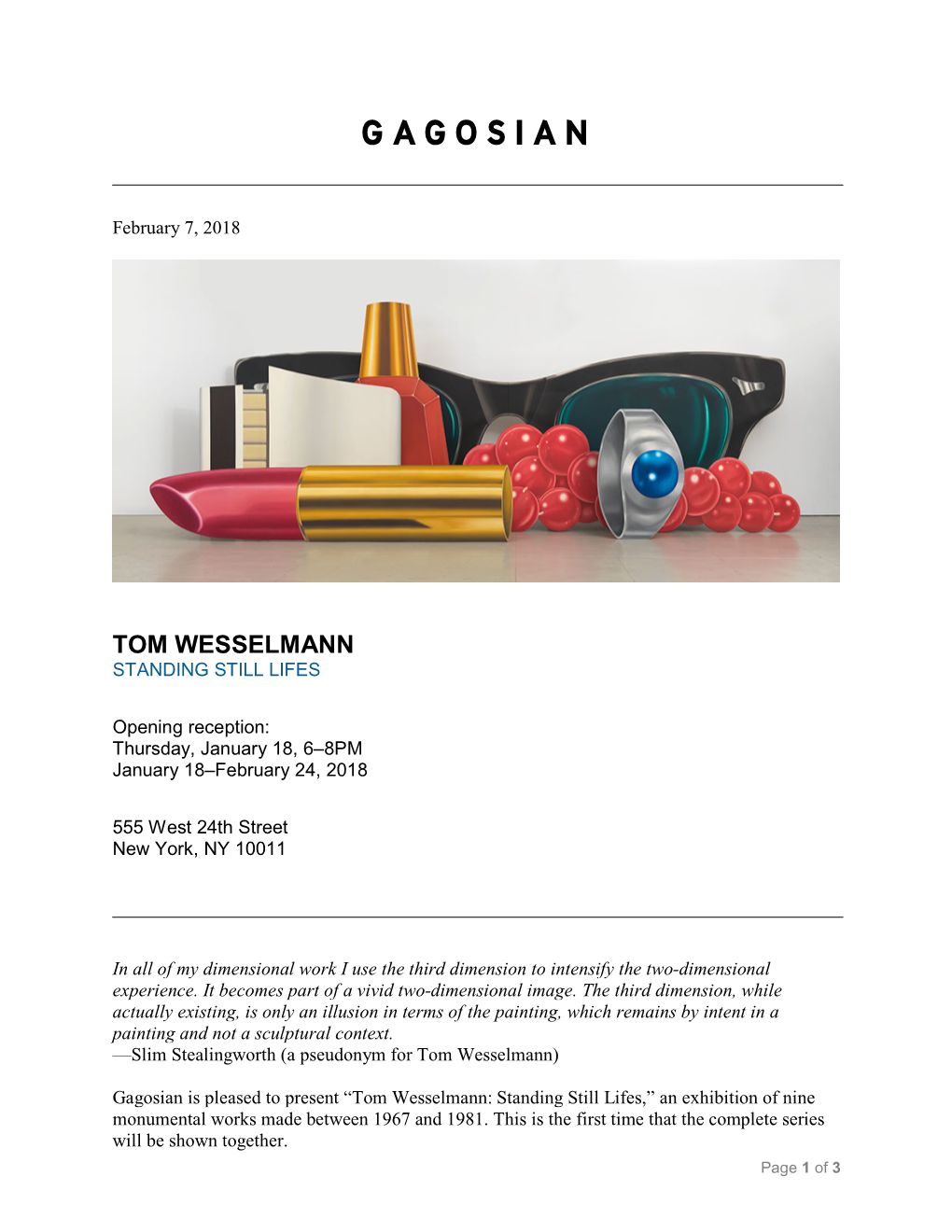 Tom Wesselmann Standing Still Lifes