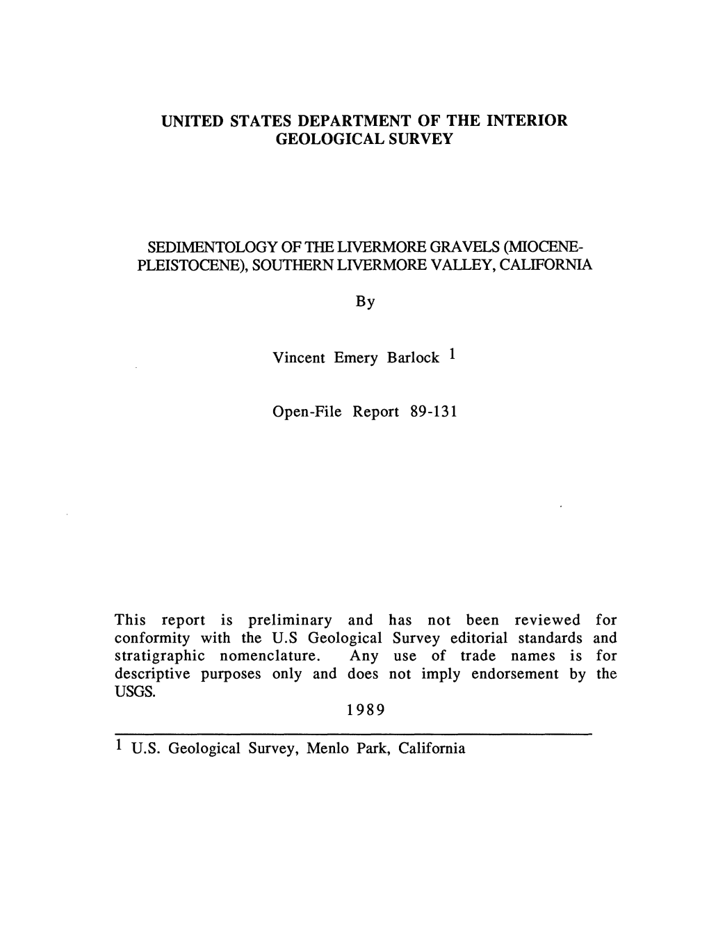 United States Department of the Interior Geological Survey