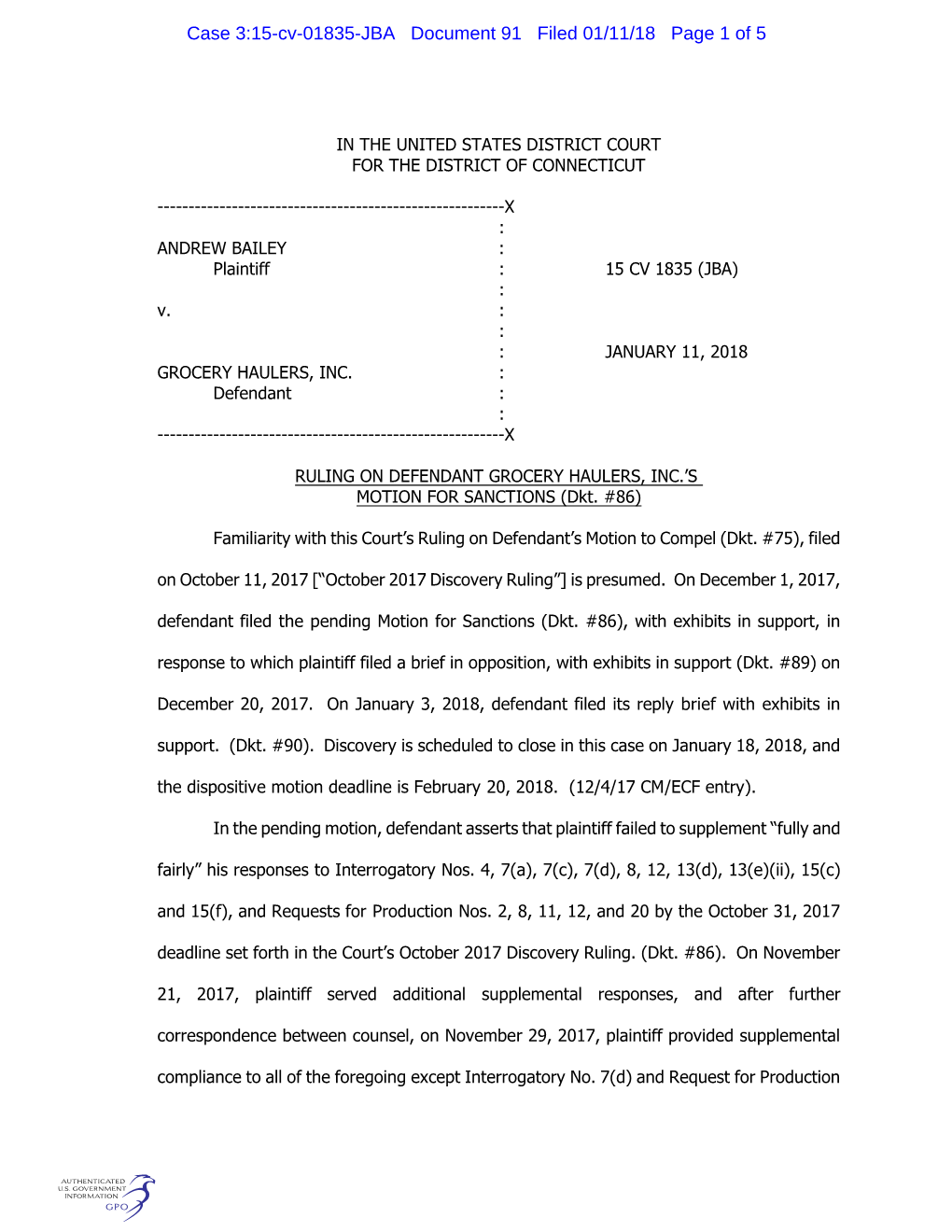 Case 3:15-Cv-01835-JBA Document 91 Filed 01/11/18 Page 1 of 5