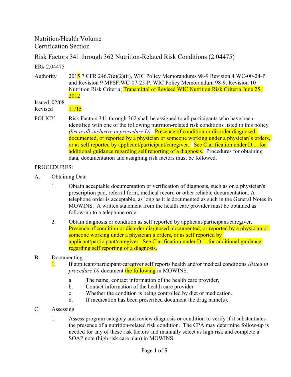 Risk Factors 341 Through 362 Nutrition-Related Risk Conditions (2.04475)