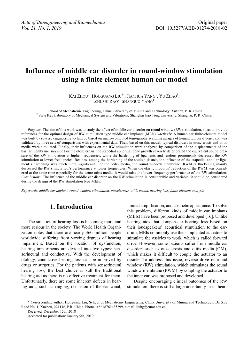 Influence of Middle Ear Disorder in Round-Window Stimulation Using a Finite Element Human Ear Model