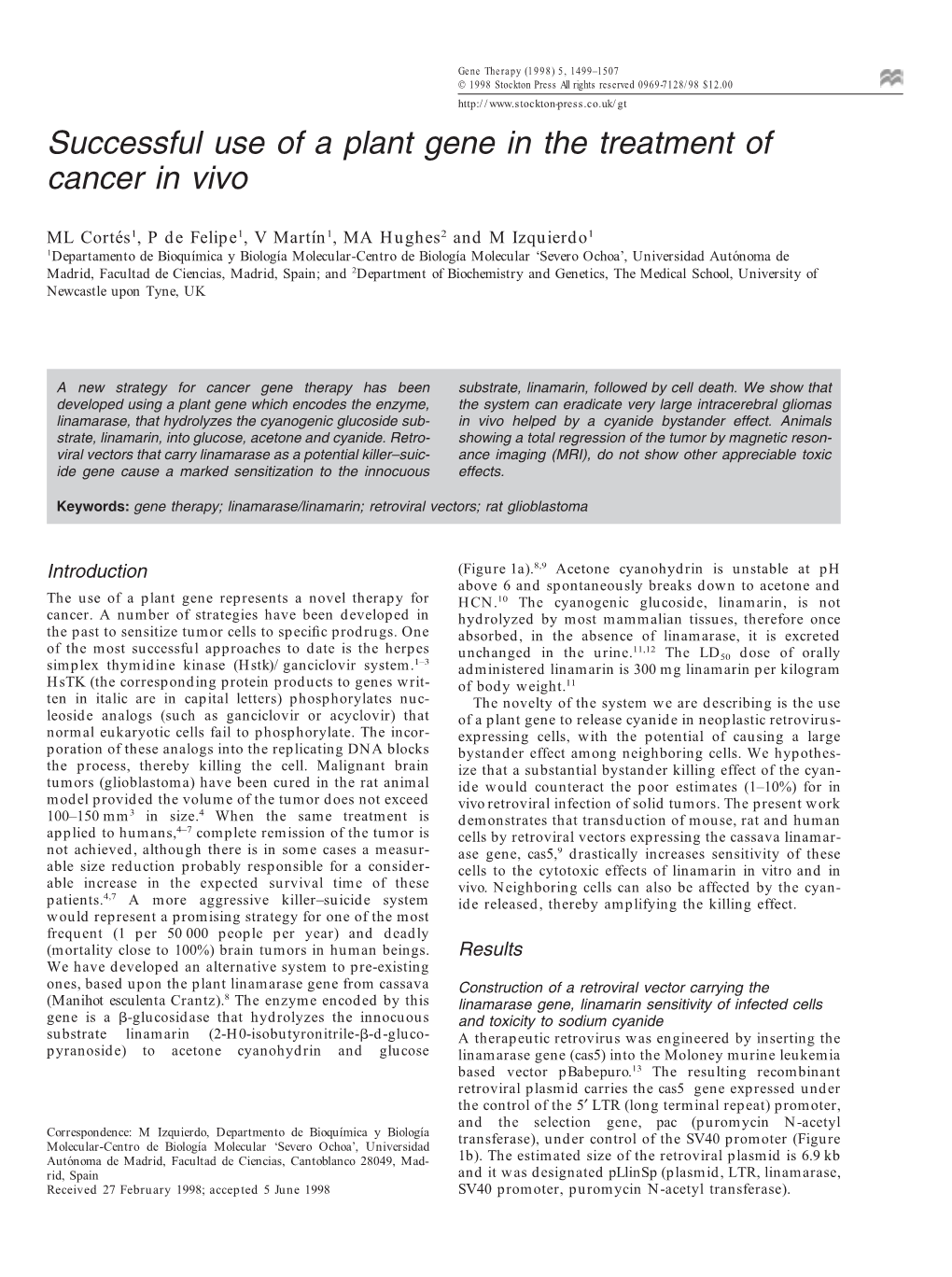 Successful Use of a Plant Gene in the Treatment of Cancer in Vivo