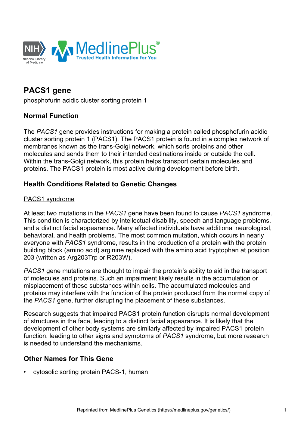 PACS1 Gene Phosphofurin Acidic Cluster Sorting Protein 1