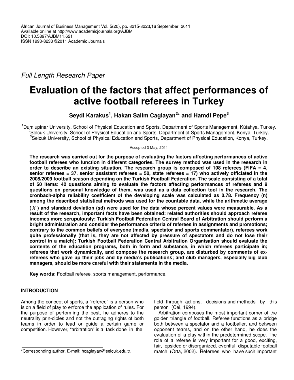 Evaluation of the Factors That Affect Performances of Active Football Referees in Turkey