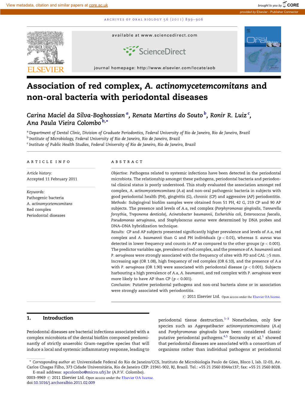 Association of Red Complex, A. Actinomycetemcomitans and Non