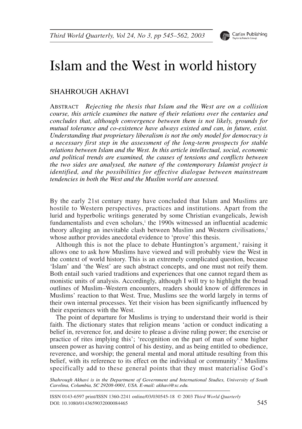 Islam and the West in World History