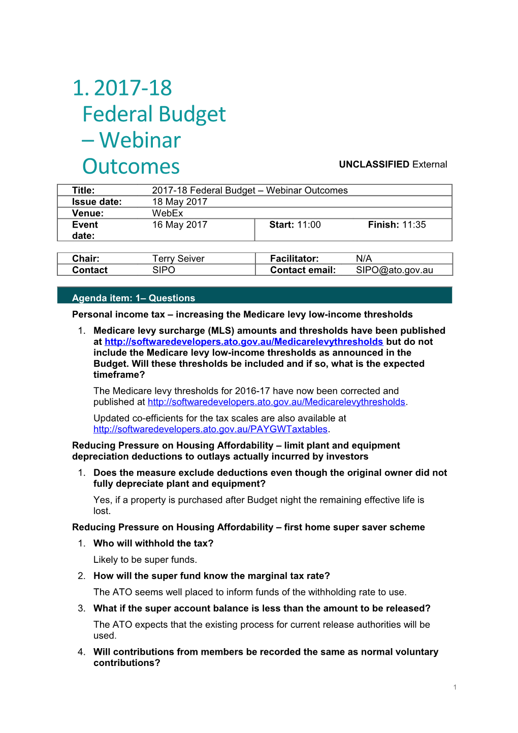 2017-18 Federal Budget Webinar Outcomes