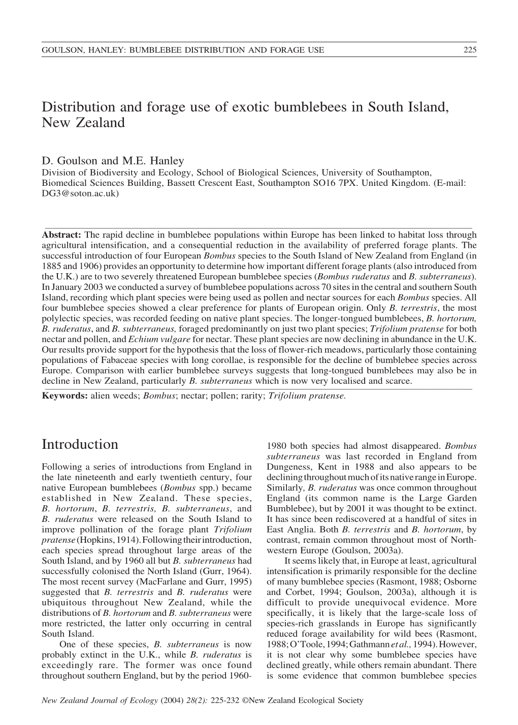 Distribution and Forage Use of Exotic Bumblebees in South Island, New Zealand