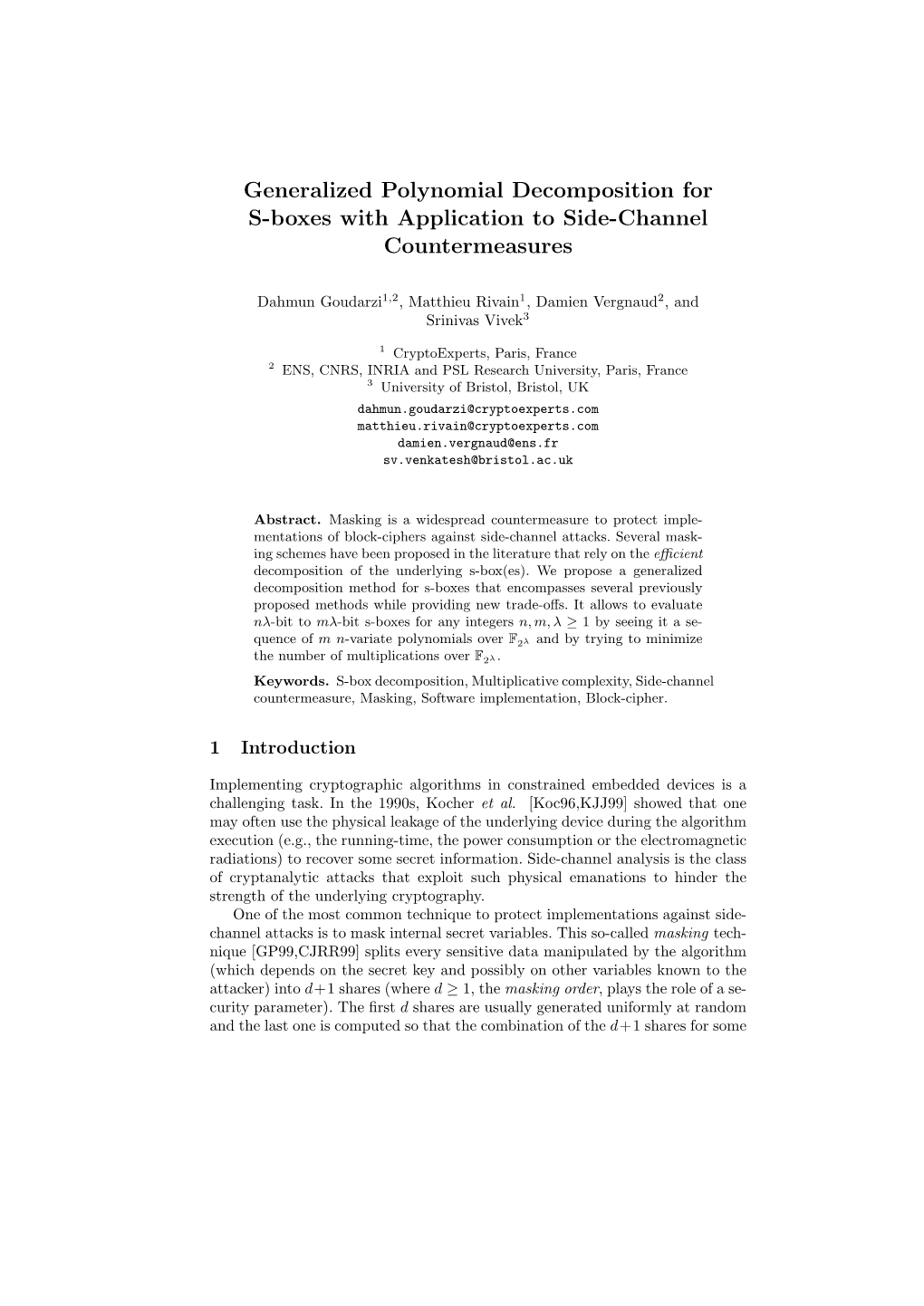 Generalized Polynomial Decomposition for S-Boxes with Application to Side-Channel Countermeasures