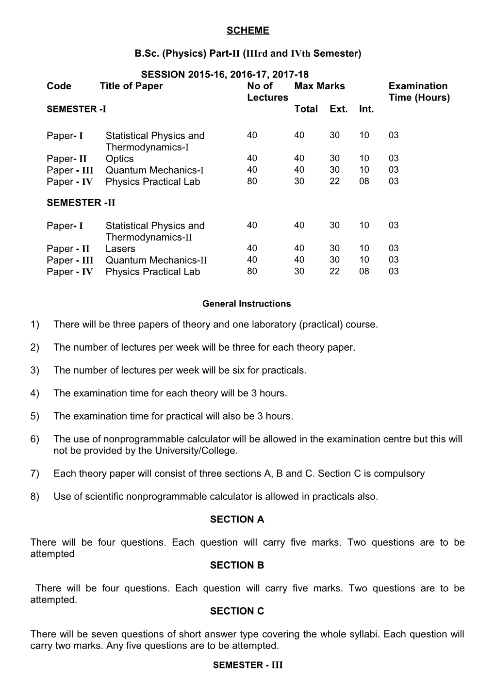 B.Sc. (Physics) Part-II (Iiird and Ivth Semester)