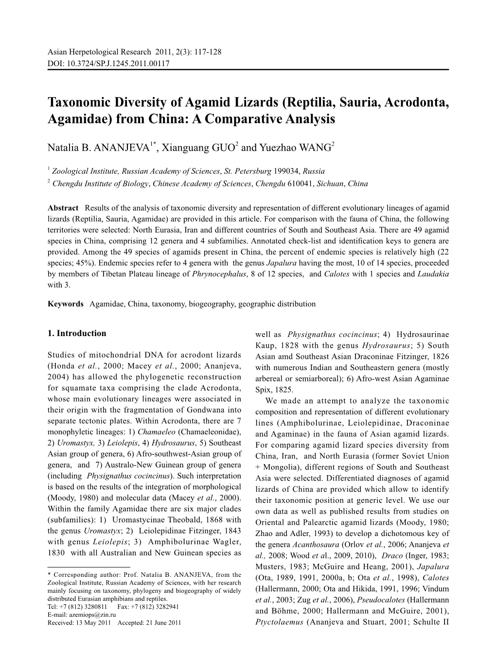 Taxonomic Diversity of Agamid Lizards (Reptilia, Sauria, Acrodonta, Agamidae) from China: a Comparative Analysis