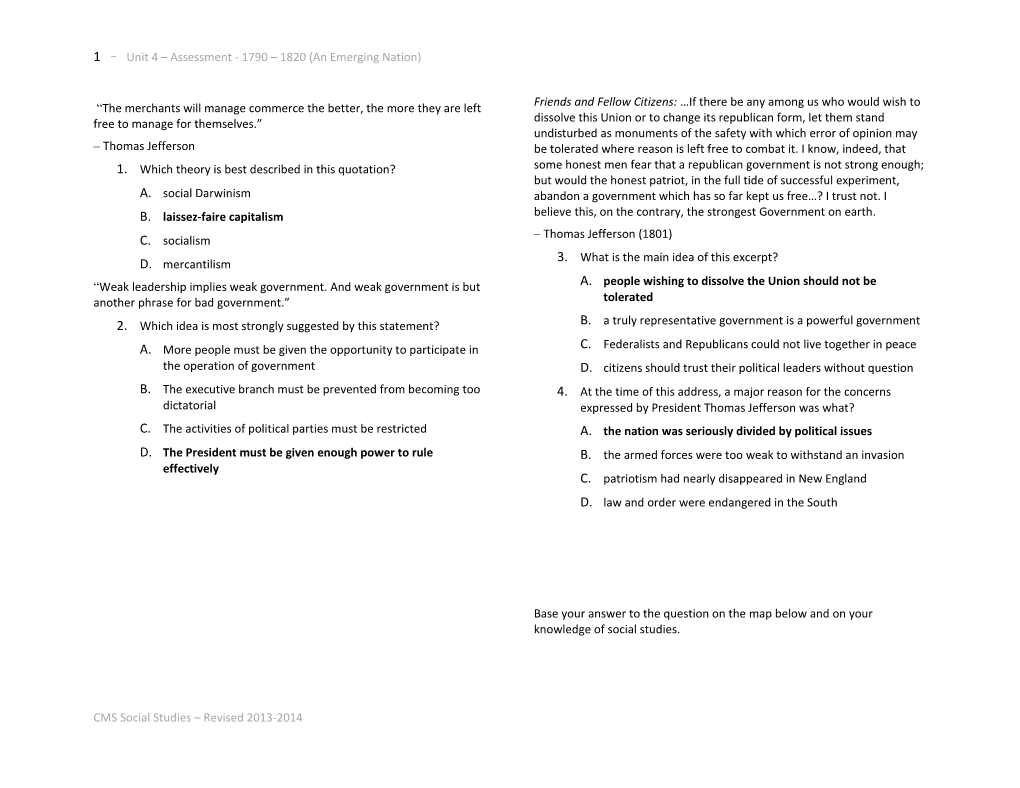 9 Unit 4 Assessment - 1790 1820 (An Emerging Nation)