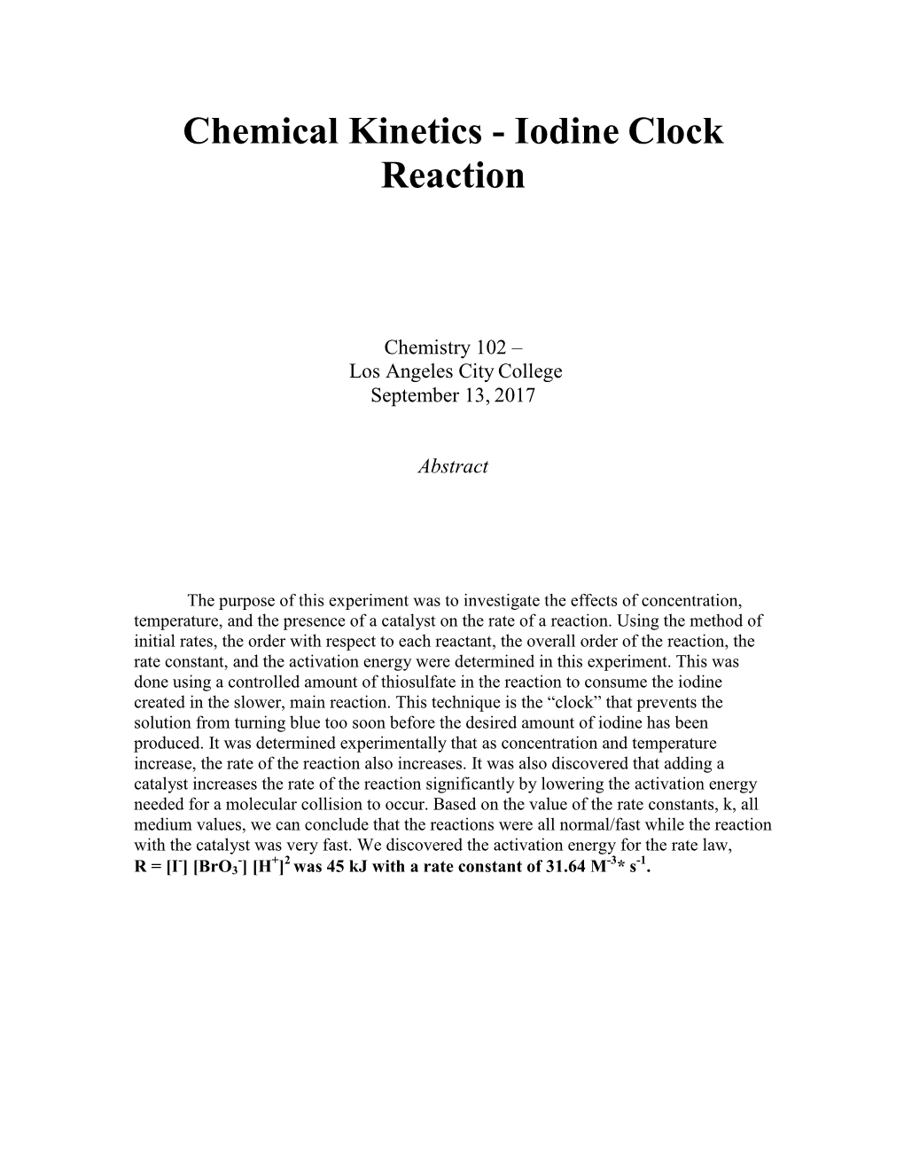 Chemical Kinetics - Iodine Clock Reaction