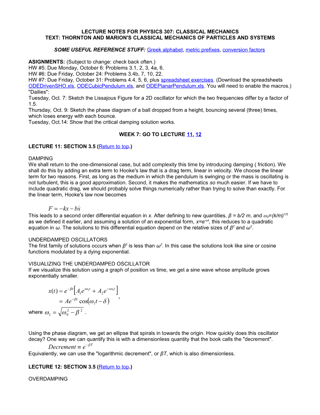 PHYS 307 LECTURE NOTES, Daniel W. Koon, St. Lawrence Univ s1