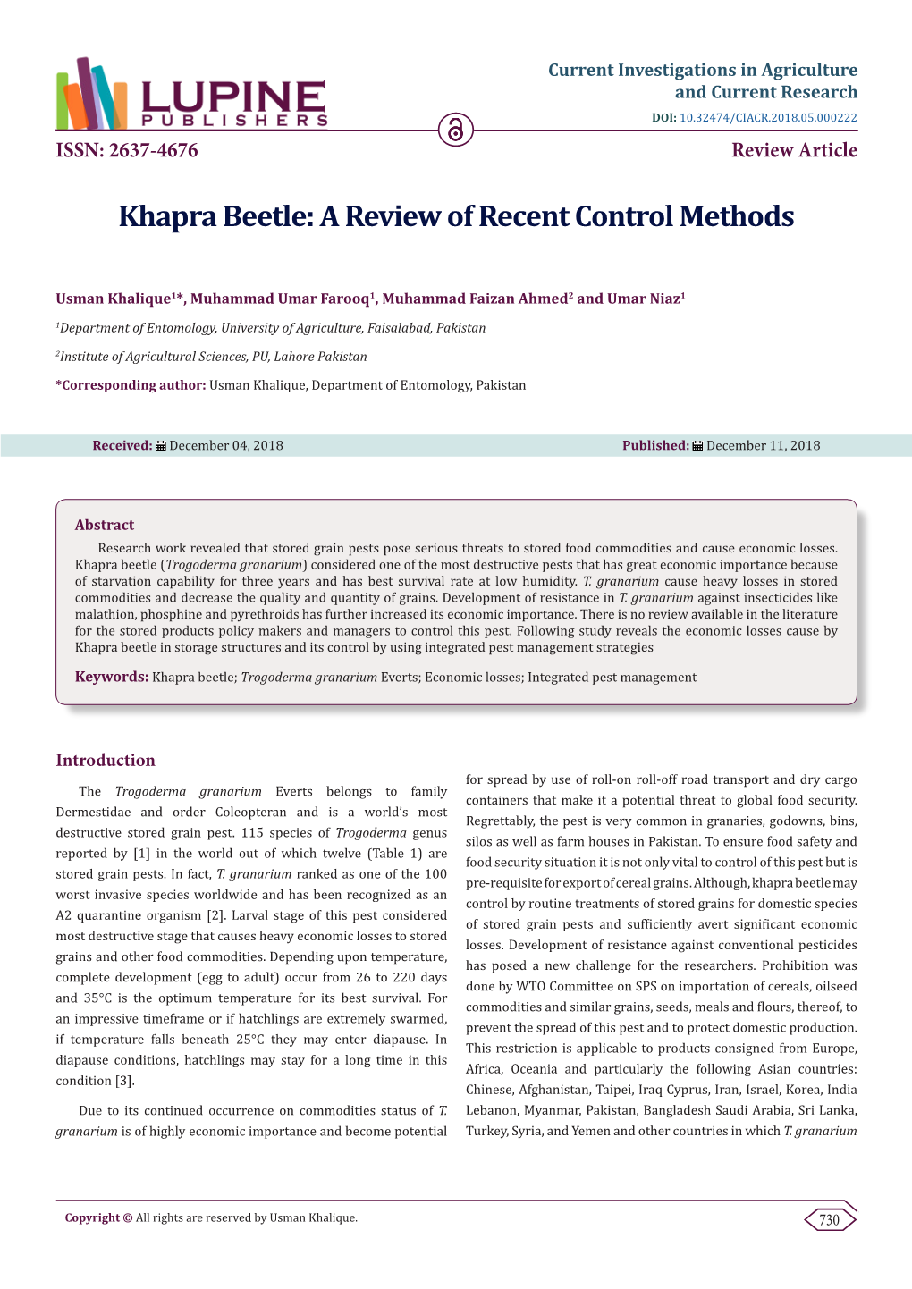 Khapra Beetle: a Review of Recent Control Methods