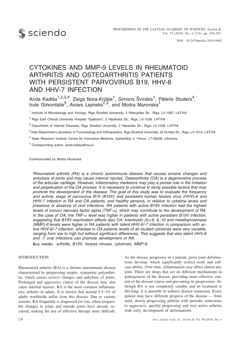 Cytokines and Mmp-9 Levels in Rheumatoid Arthritis And